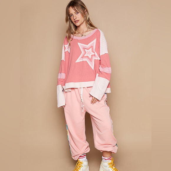 POL star sweater patchwork boho floral patchwork long sleeve pink cream - Picture 5 of 5